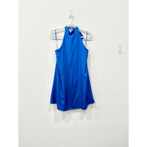 NWT Zara Satin Halterneck Open Back A-Line Mini Dress Royal Blue Women's Size S - Picture 2 of 7